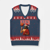 Jesus Basketball Xmas V-Neck Knit Sweater Vest He Is Rizzin - Wonder Print Shop