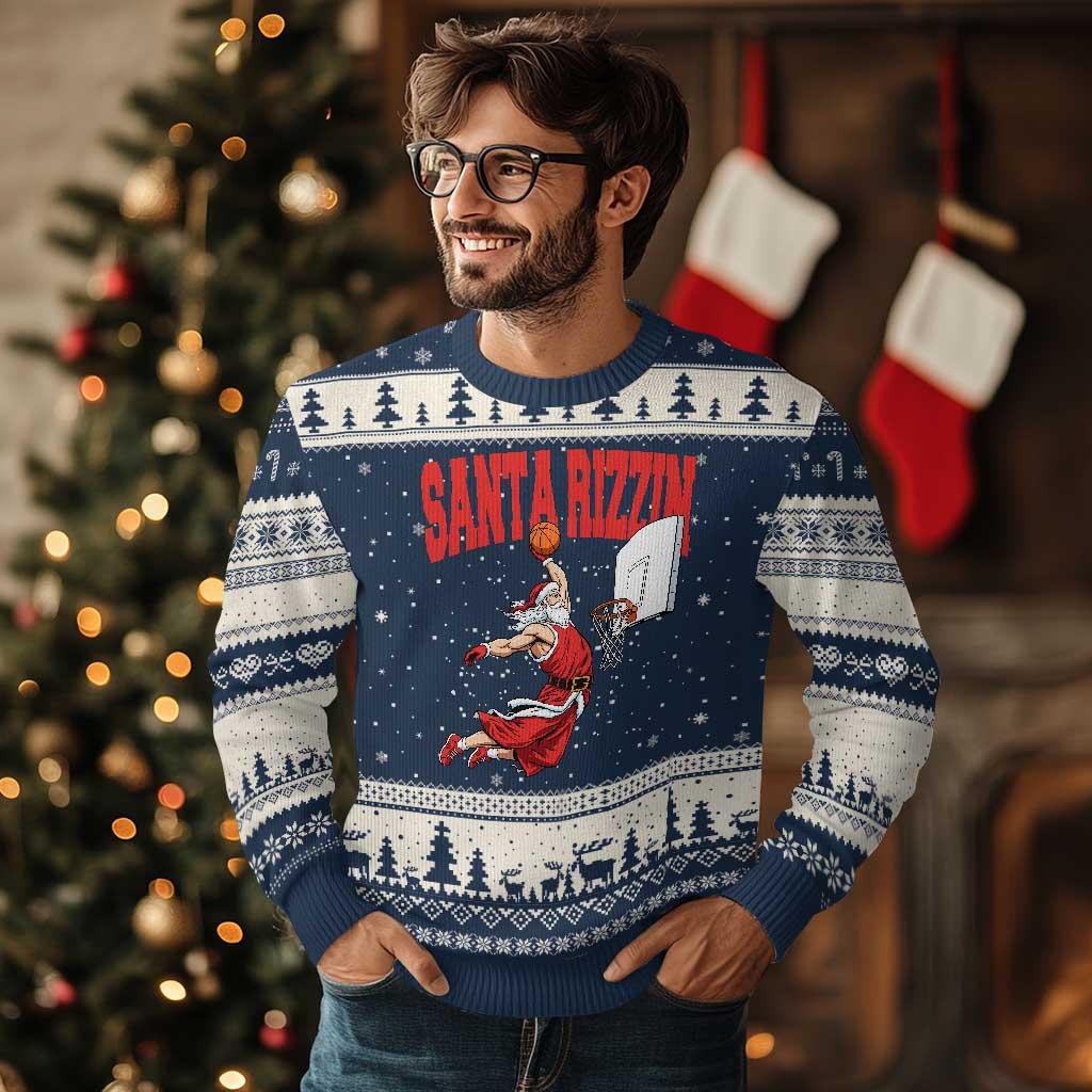 Santa Basketball Xmas Ugly Christmas Sweater He Is Rizzin - Wonder Print Shop