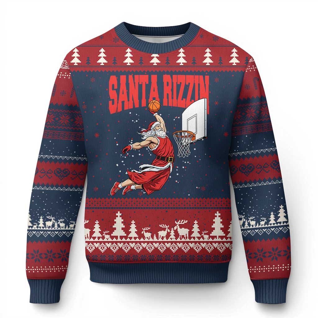Santa Basketball Xmas Ugly Christmas Sweater He Is Rizzin - Wonder Print Shop