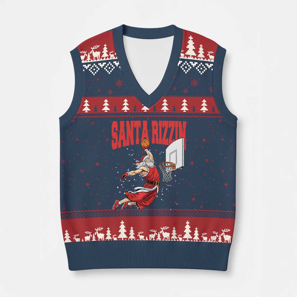 Santa Basketball Xmas V-Neck Knit Sweater Vest He Is Rizzin - Wonder Print Shop