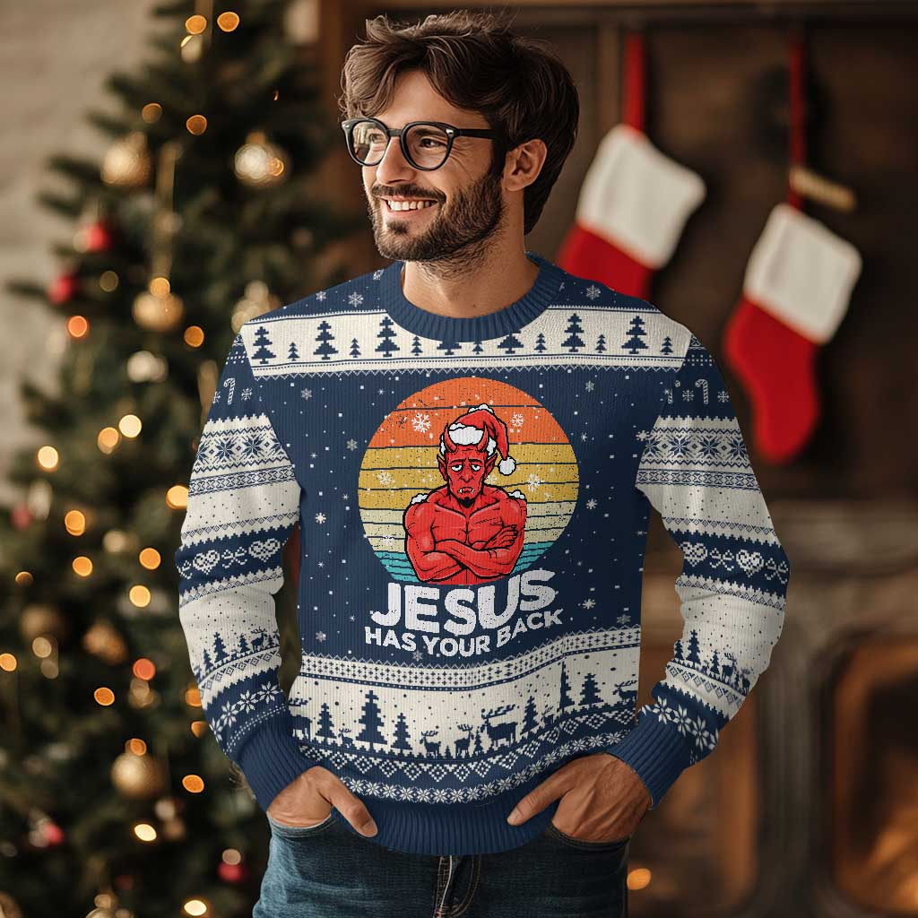 Funny Satan Xmas Ugly Christmas Sweater Jesus Has Your Back - Wonder Print Shop