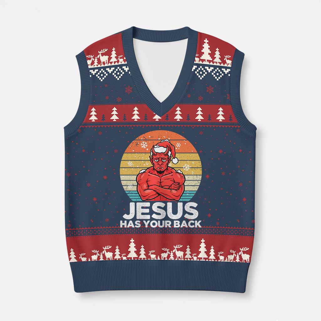 Funny Satan Xmas V-Neck Knit Sweater Vest Jesus Has Your Back - Wonder Print Shop