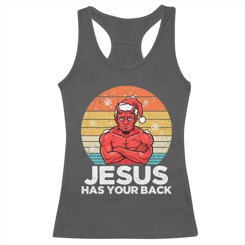 Funny Satan Christmas Racerback Tank Top Jesus Has Your Back - Wonder Print Shop