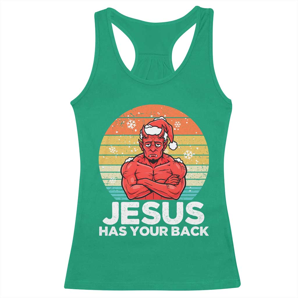 Funny Satan Christmas Racerback Tank Top Jesus Has Your Back - Wonder Print Shop