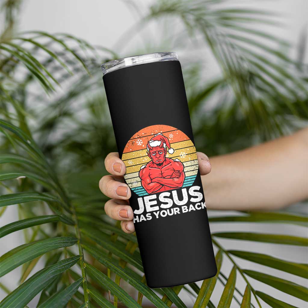 Funny Satan Christmas Skinny Tumbler Jesus Has Your Back - Wonder Print Shop