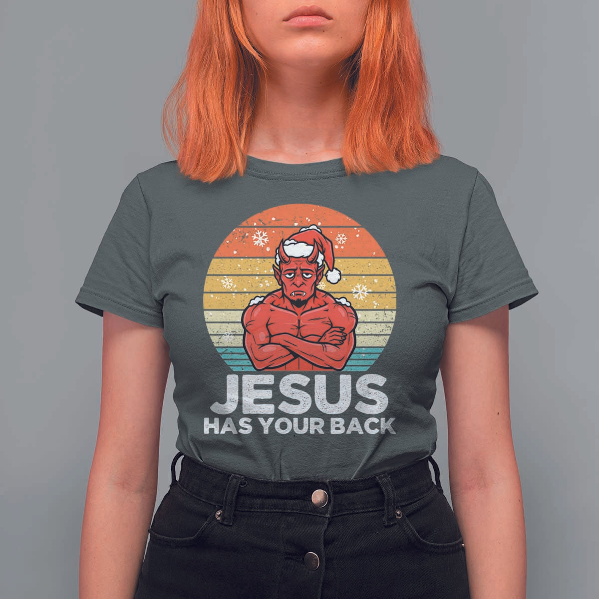 Funny Satan Christmas T Shirt For Women Jesus Has Your Back - Wonder Print Shop
