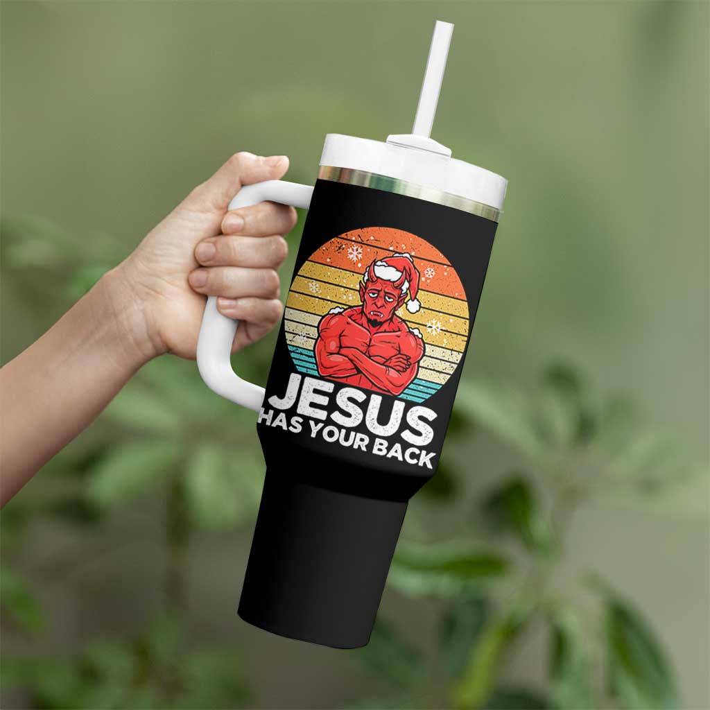 Funny Satan Christmas Tumbler With Handle Jesus Has Your Back - Wonder Print Shop