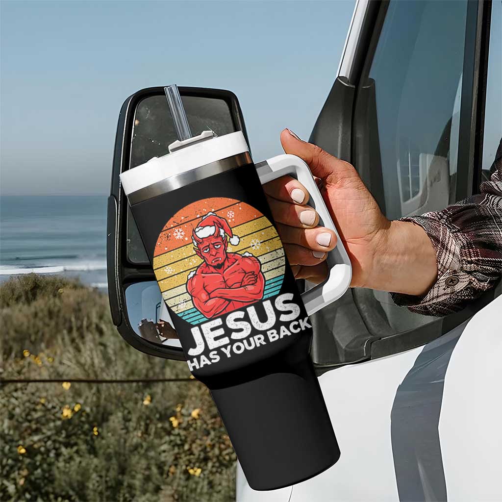 Funny Satan Christmas Tumbler With Handle Jesus Has Your Back - Wonder Print Shop