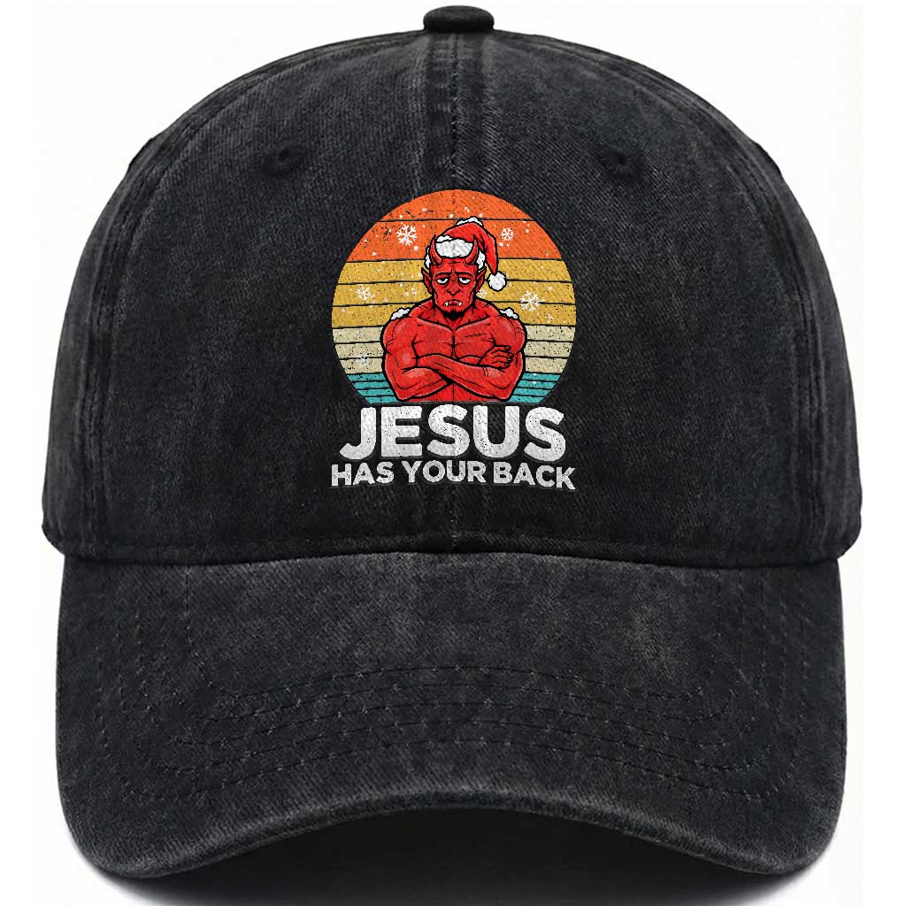 Funny Satan Christmas Washed Cotton Baseball Cap Jesus Has Your Back