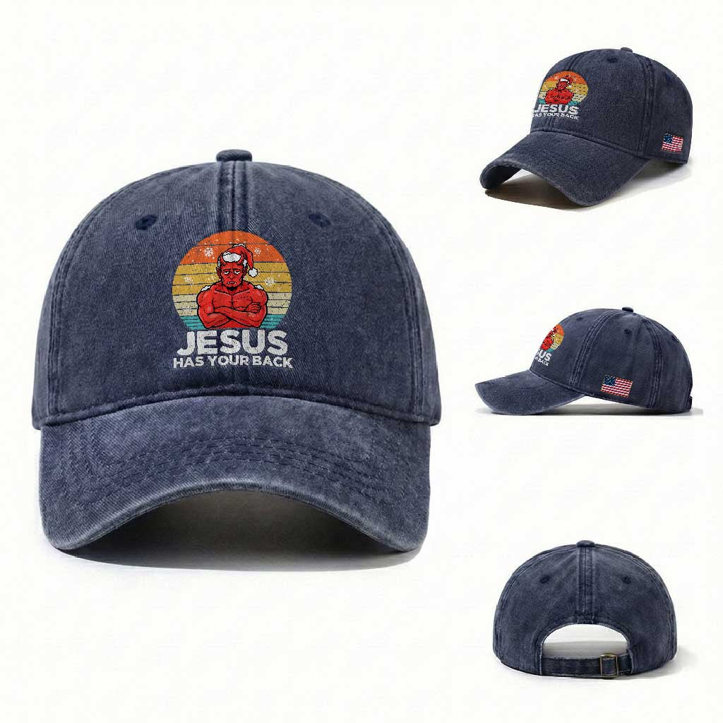 Funny Satan Christmas Washed Cotton Baseball Cap Jesus Has Your Back