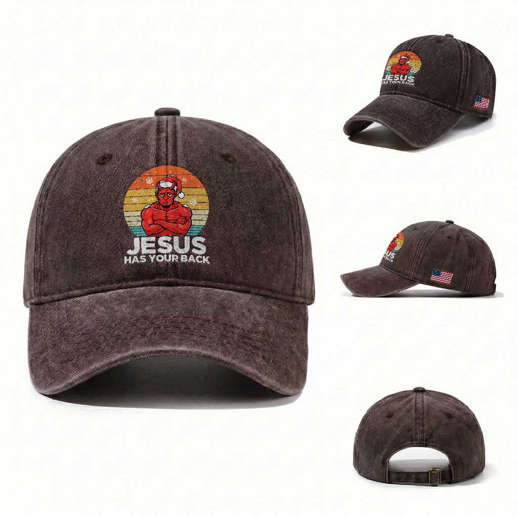 Funny Satan Christmas Washed Cotton Baseball Cap Jesus Has Your Back