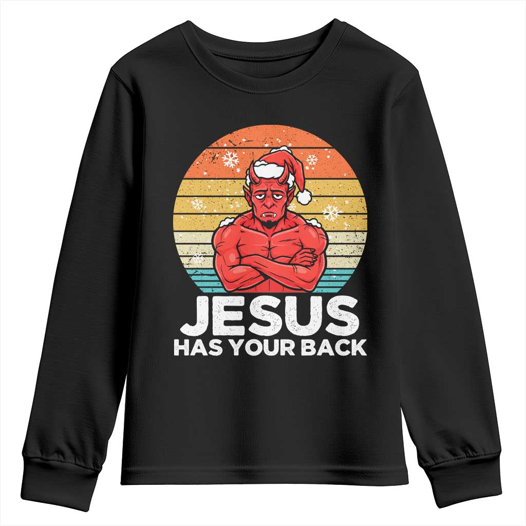 Funny Satan Christmas Youth Sweatshirt Jesus Has Your Back - Wonder Print Shop