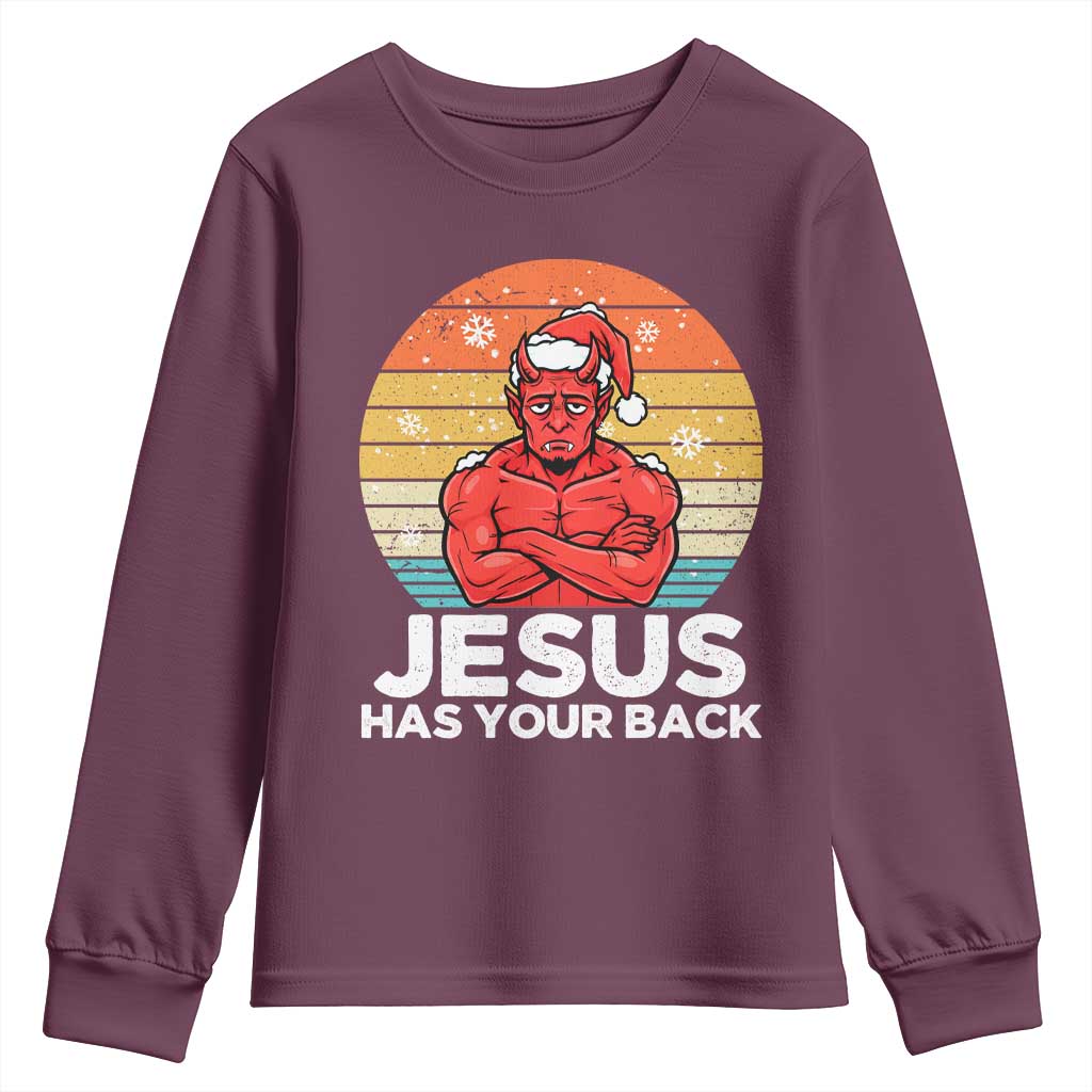 Funny Satan Christmas Youth Sweatshirt Jesus Has Your Back - Wonder Print Shop