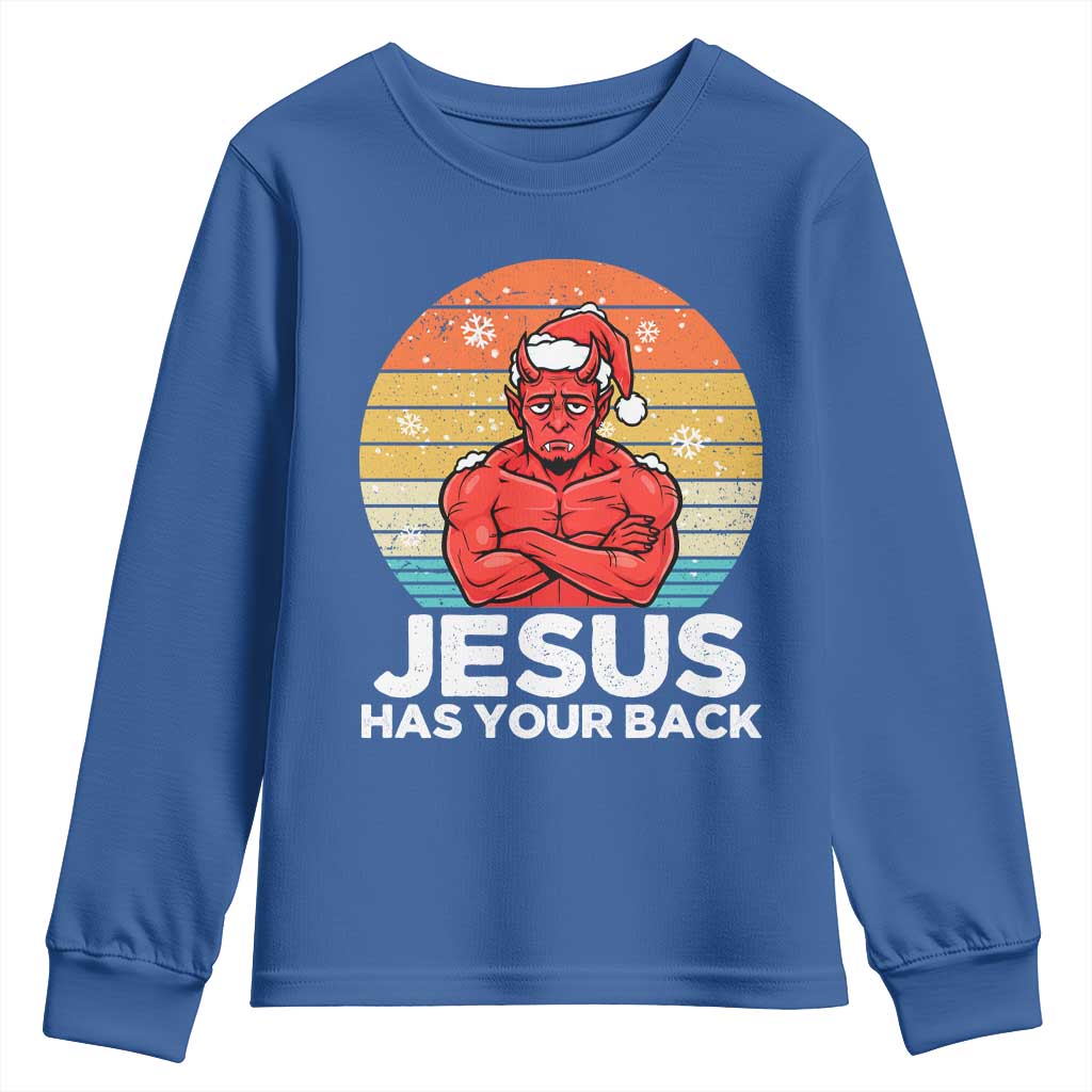 Funny Satan Christmas Youth Sweatshirt Jesus Has Your Back - Wonder Print Shop