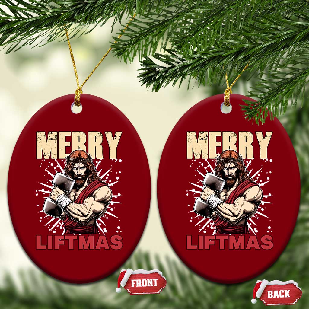 Jesus Gym Xmas Ceramic Ornament Merry Liftmas Xmas - Wonder Print Shop