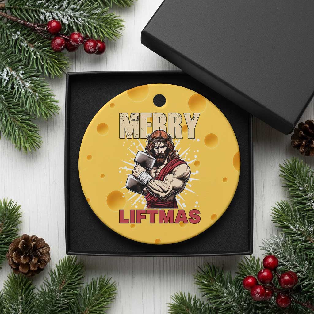 Jesus Gym Xmas Ceramic Ornament Merry Liftmas Xmas - Wonder Print Shop