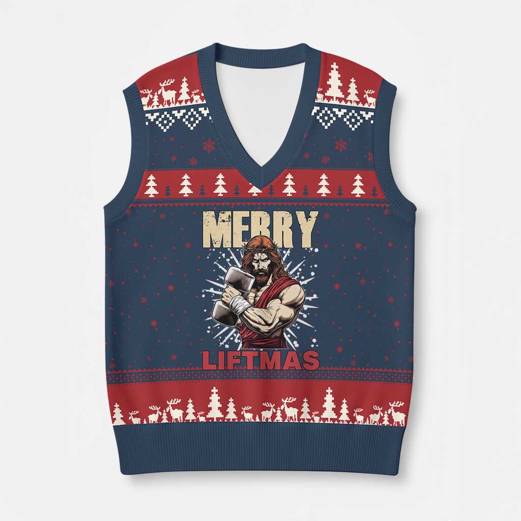 Jesus Gym Xmas V-Neck Knit Sweater Vest Merry Liftmas Xmas - Wonder Print Shop
