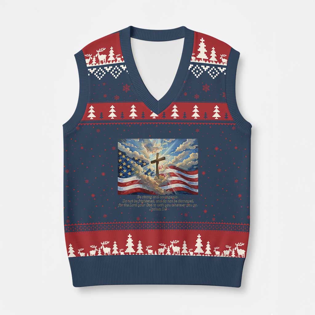 Jesus Christian V-Neck Knit Sweater Vest American Flag Religious Cross Bible Verse Faith Inspirational - Wonder Print Shop
