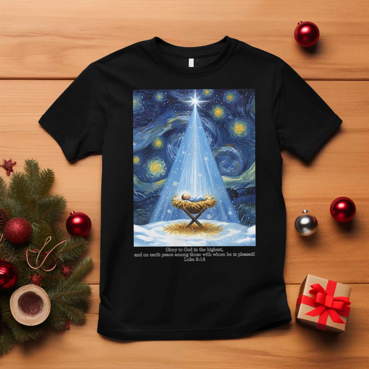 Christian Christmas T Shirt Nativity Scene Jeus Baby Starry Night Xmas - Wonder Print Shop