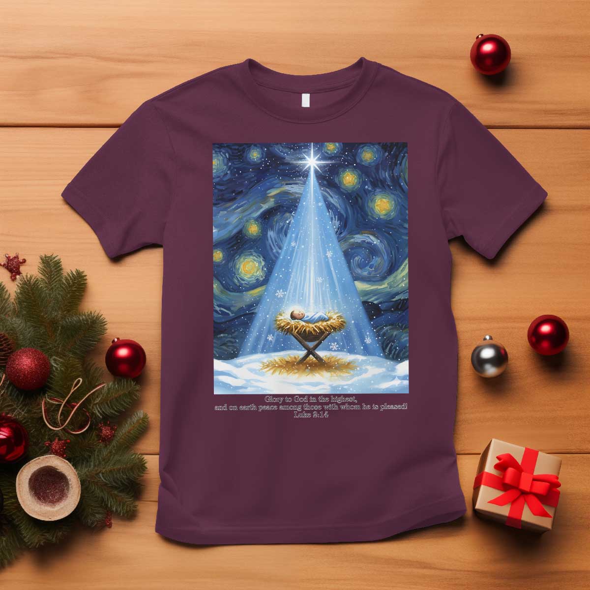Christian Christmas T Shirt Nativity Scene Jeus Baby Starry Night Xmas - Wonder Print Shop