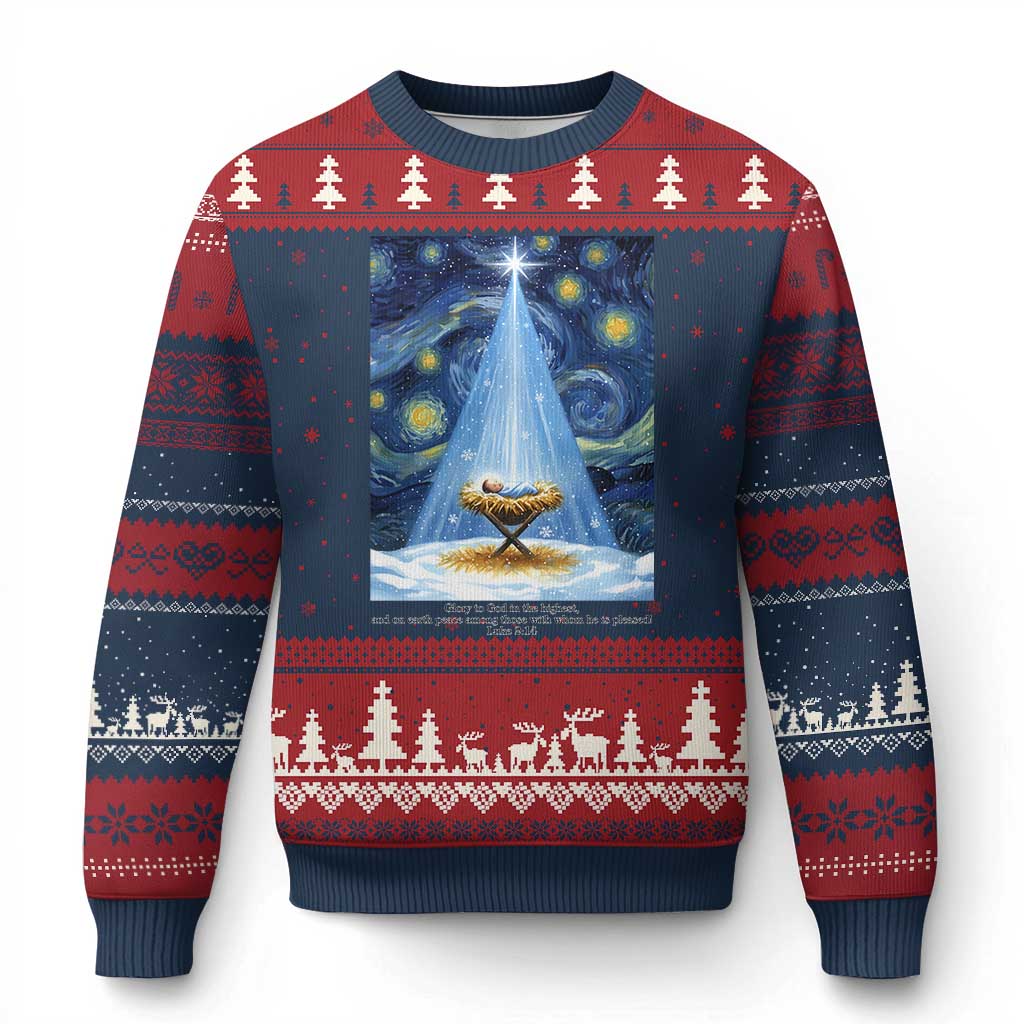 Christian Xmas Ugly Christmas Sweater Nativity Scene Jeus Baby Starry Night Xmas - Wonder Print Shop