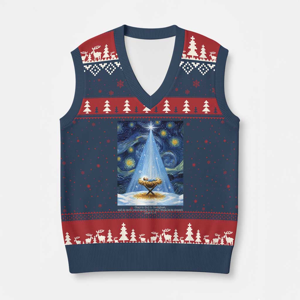 Christian Xmas V-Neck Knit Sweater Vest Nativity Scene Jeus Baby Starry Night Xmas - Wonder Print Shop