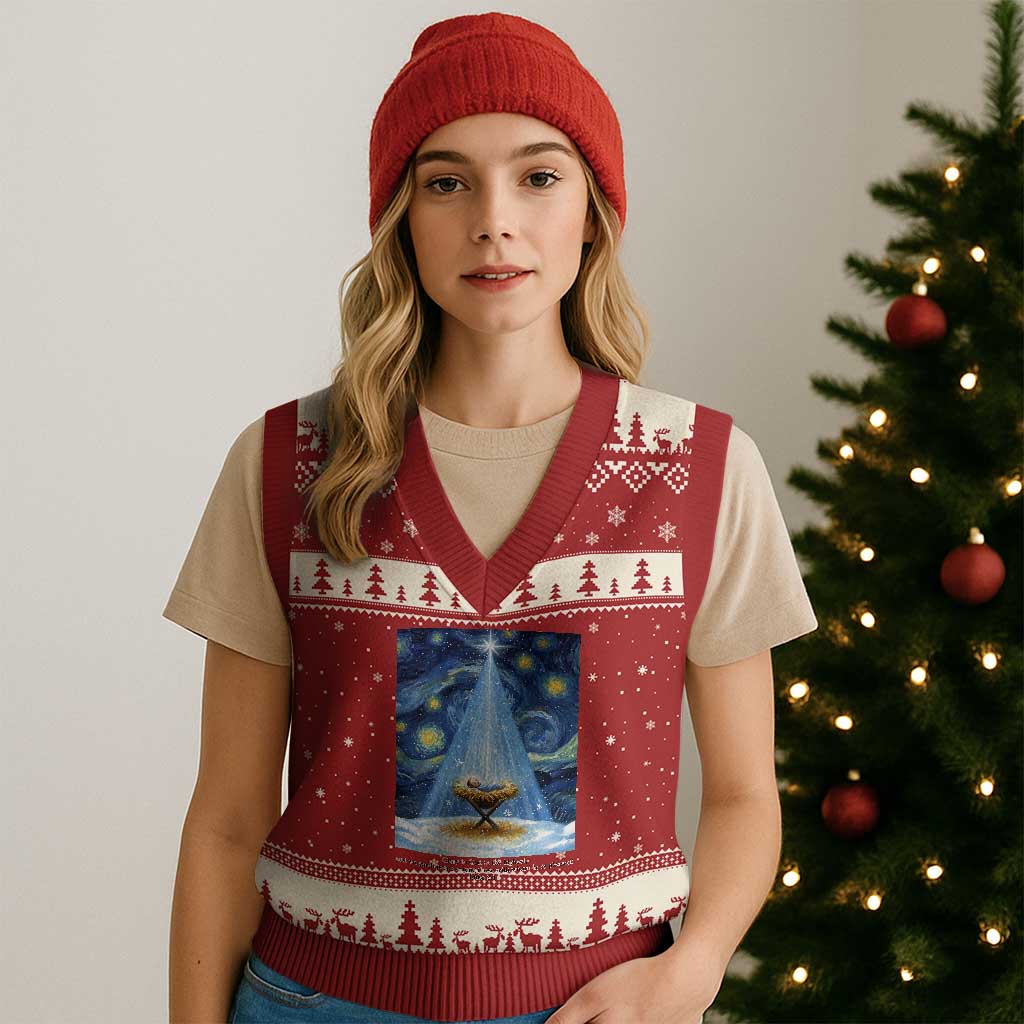 Christian Xmas V-Neck Knit Sweater Vest Nativity Scene Jeus Baby Starry Night Xmas - Wonder Print Shop