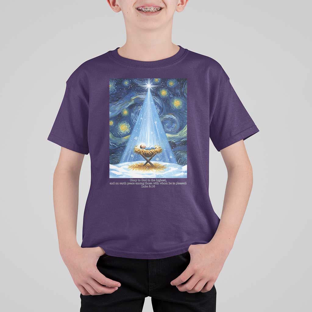 Christian Christmas T Shirt For Kid Nativity Scene Jeus Baby Starry Night Xmas - Wonder Print Shop
