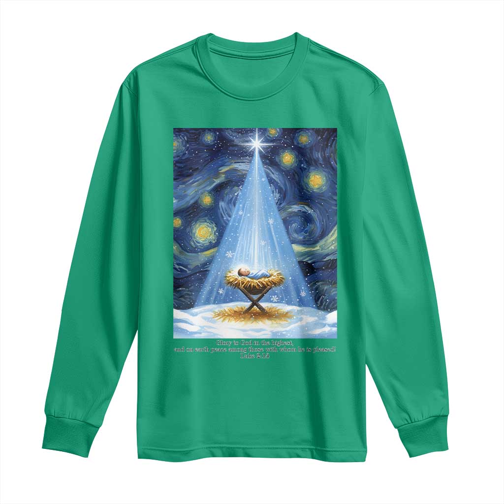 Christian Christmas Long Sleeve Shirt Nativity Scene Jeus Baby Starry Night Xmas - Wonder Print Shop