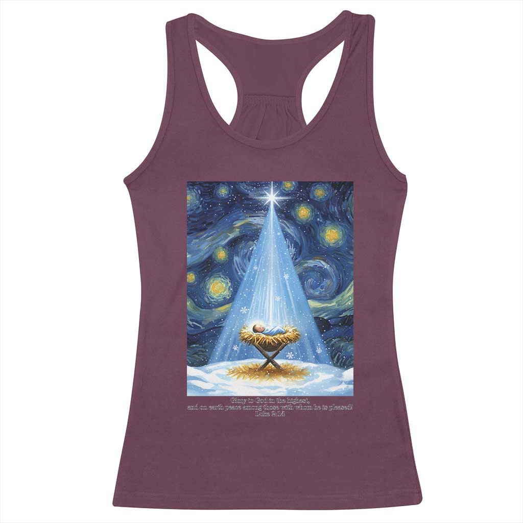 Christian Christmas Racerback Tank Top Nativity Scene Jeus Baby Starry Night Xmas - Wonder Print Shop
