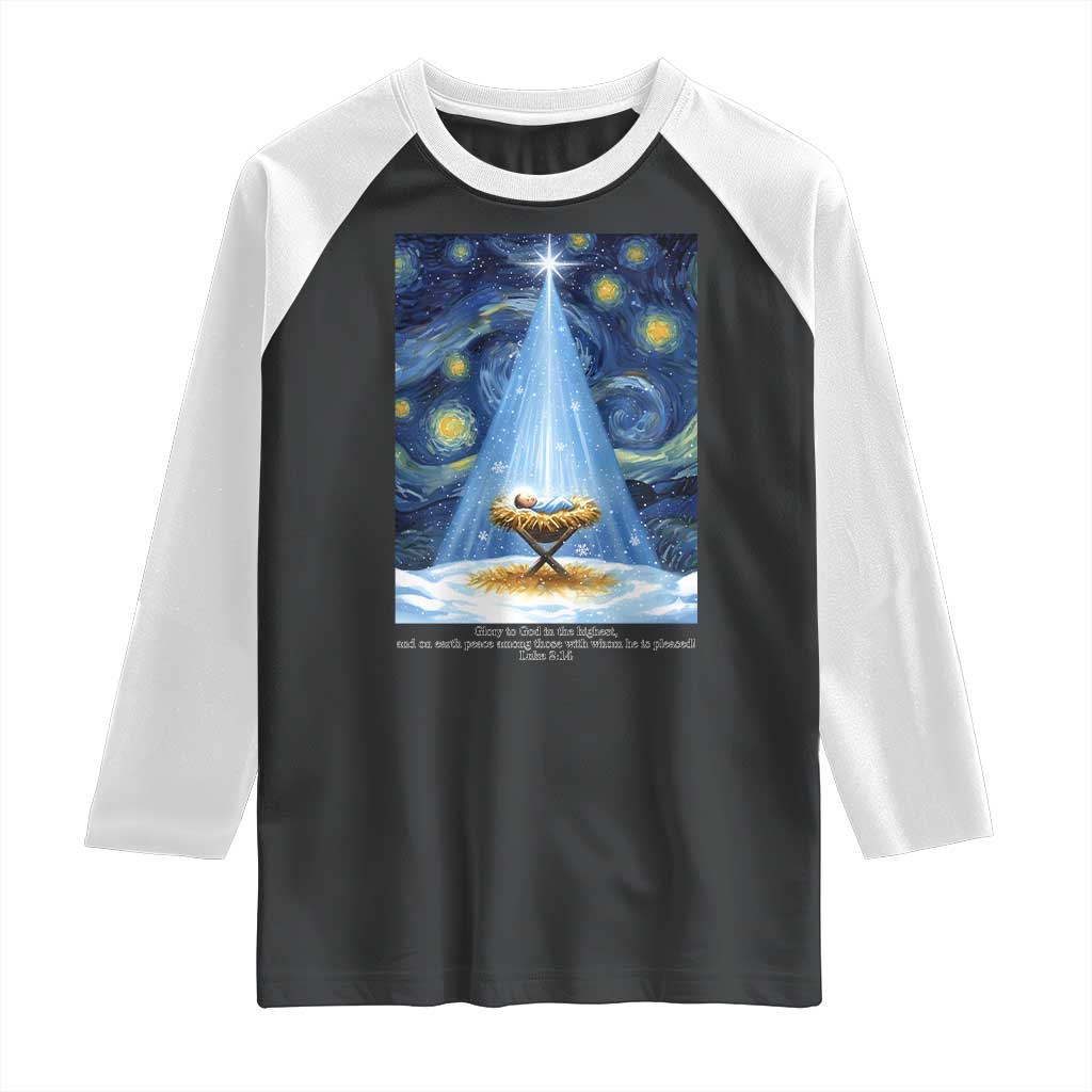 Christian Christmas Raglan Shirt Nativity Scene Jeus Baby Starry Night Xmas - Wonder Print Shop
