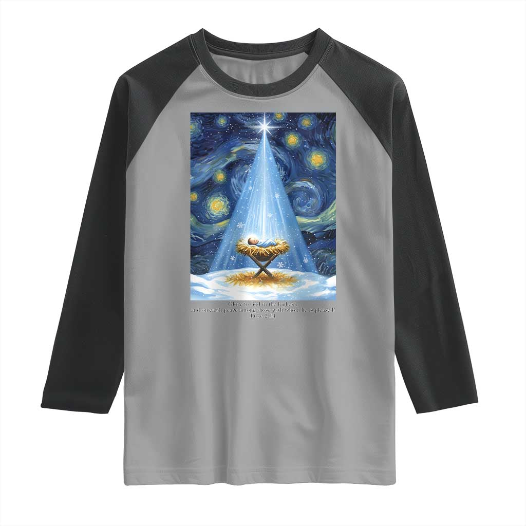 Christian Christmas Raglan Shirt Nativity Scene Jeus Baby Starry Night Xmas - Wonder Print Shop