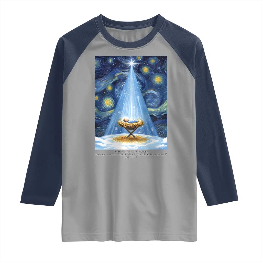 Christian Christmas Raglan Shirt Nativity Scene Jeus Baby Starry Night Xmas - Wonder Print Shop