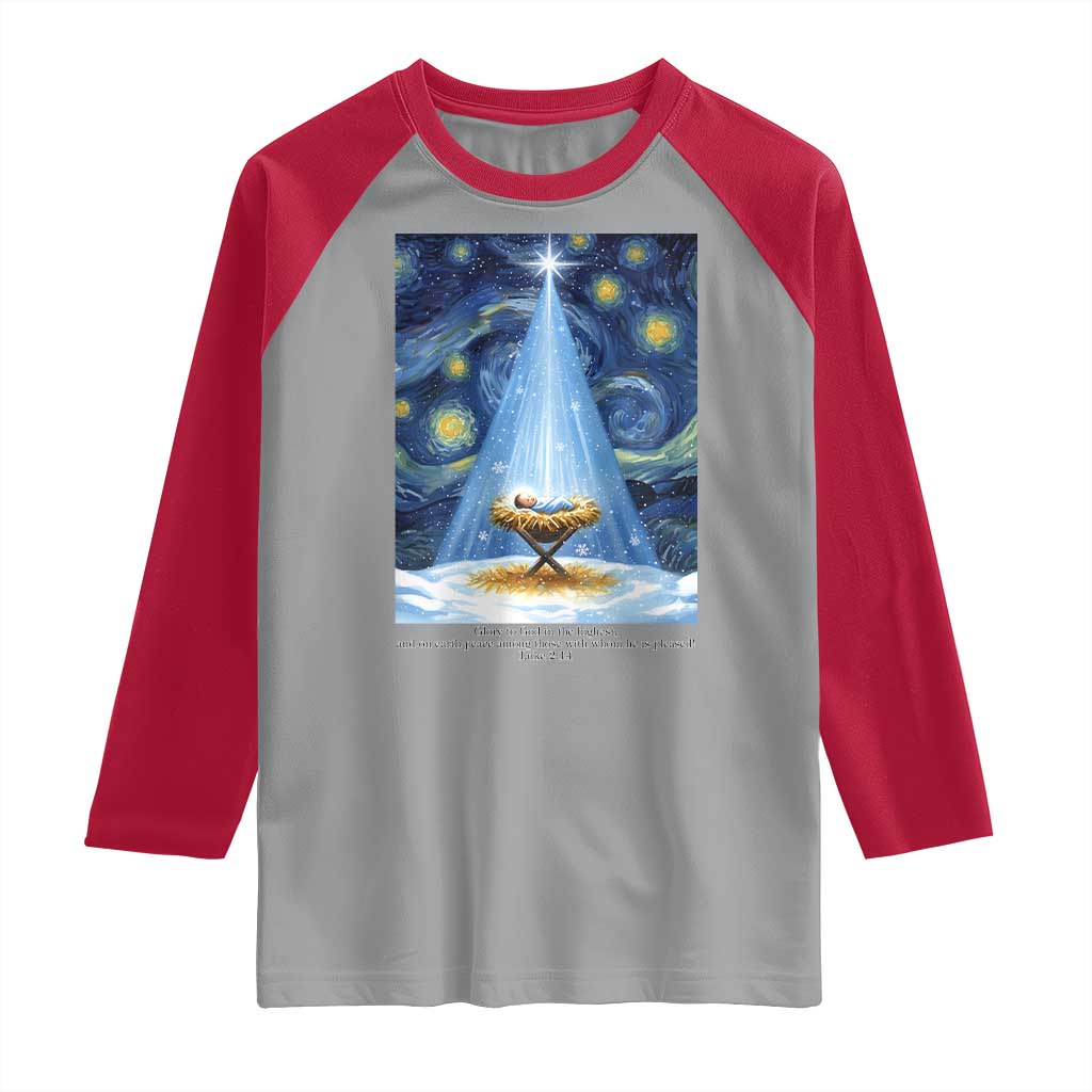 Christian Christmas Raglan Shirt Nativity Scene Jeus Baby Starry Night Xmas - Wonder Print Shop