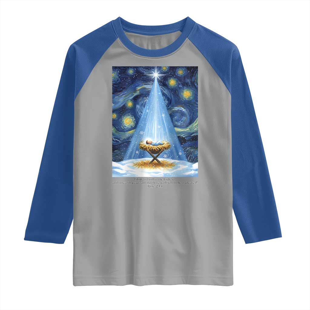 Christian Christmas Raglan Shirt Nativity Scene Jeus Baby Starry Night Xmas - Wonder Print Shop