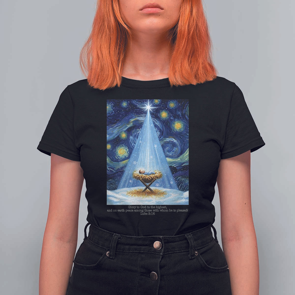 Christian Christmas T Shirt For Women Nativity Scene Jeus Baby Starry Night Xmas - Wonder Print Shop