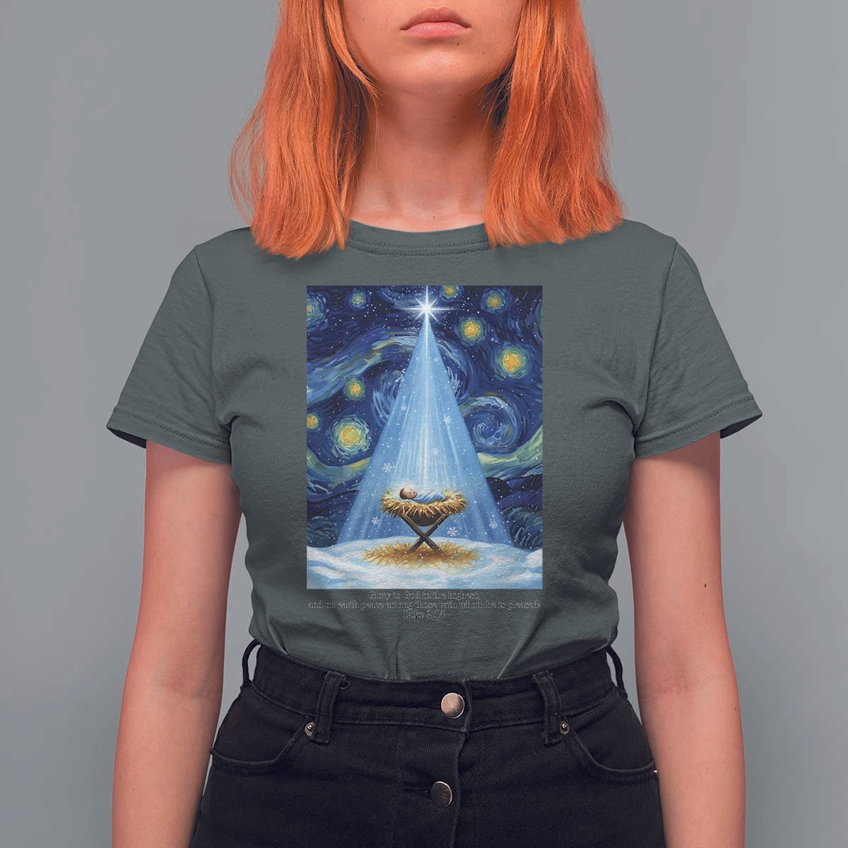 Christian Christmas T Shirt For Women Nativity Scene Jeus Baby Starry Night Xmas - Wonder Print Shop