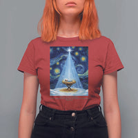 Christian Christmas T Shirt For Women Nativity Scene Jeus Baby Starry Night Xmas - Wonder Print Shop