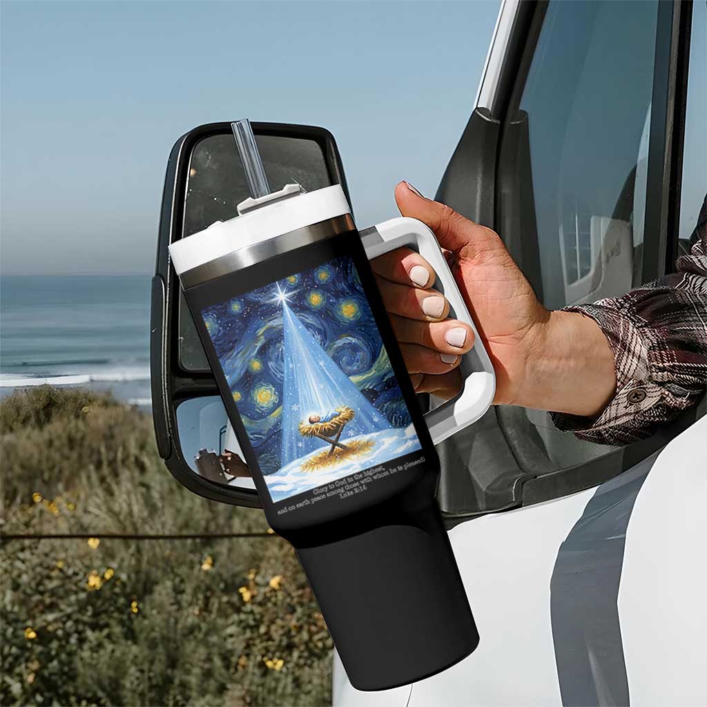 Christian Christmas Tumbler With Handle Nativity Scene Jeus Baby Starry Night Xmas - Wonder Print Shop