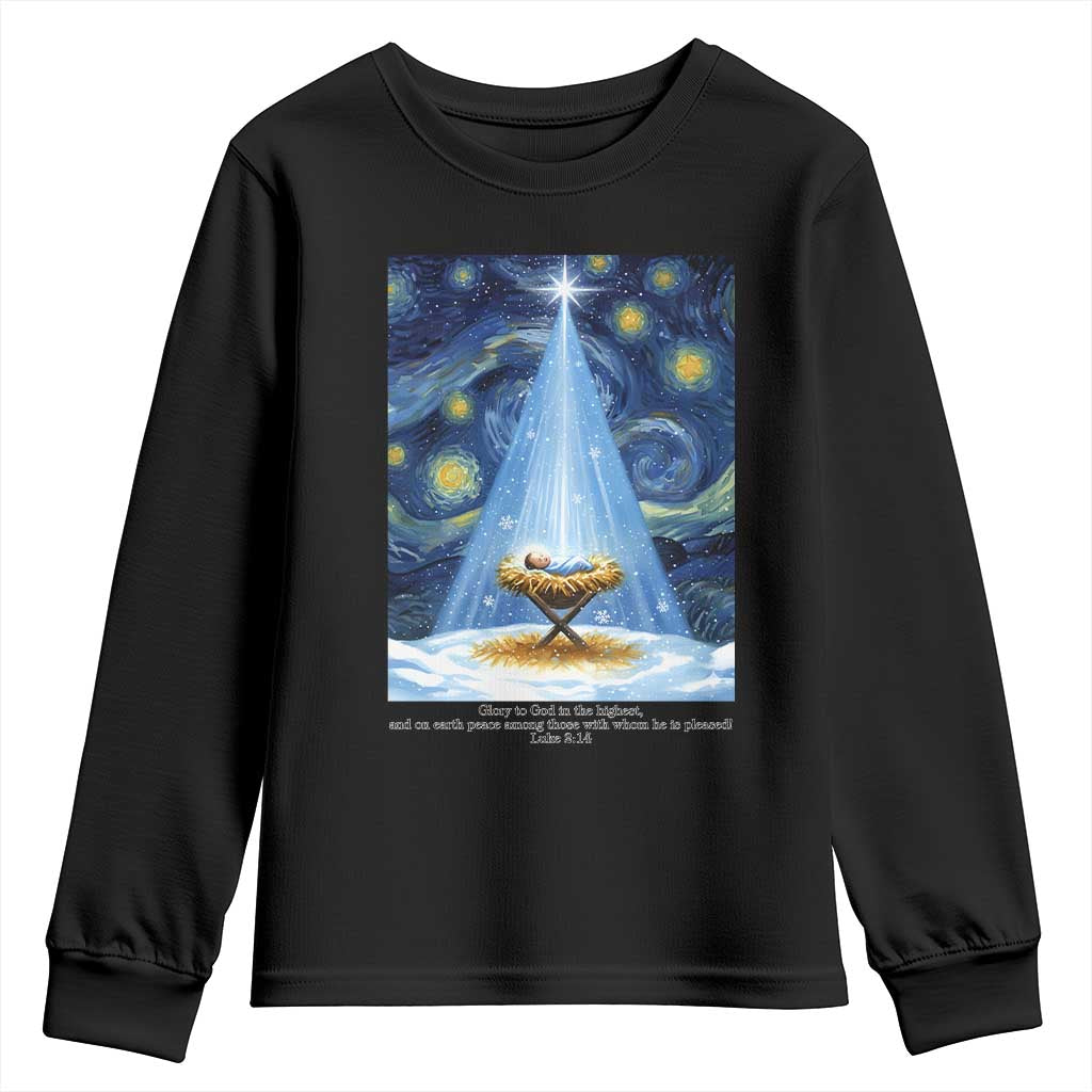 Christian Christmas Youth Sweatshirt Nativity Scene Jeus Baby Starry Night Xmas - Wonder Print Shop