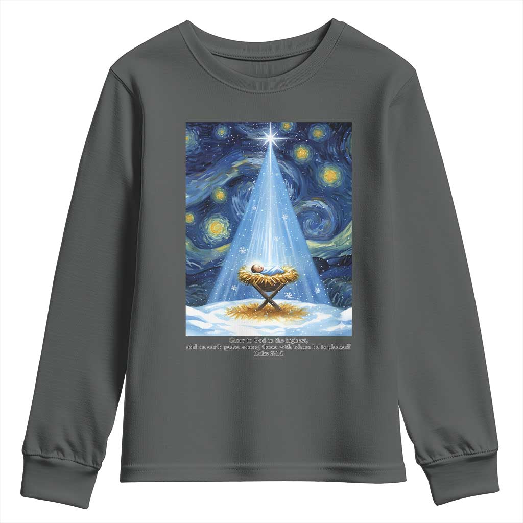 Christian Christmas Youth Sweatshirt Nativity Scene Jeus Baby Starry Night Xmas - Wonder Print Shop