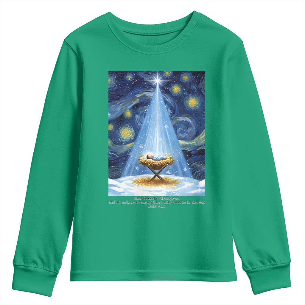 Christian Christmas Youth Sweatshirt Nativity Scene Jeus Baby Starry Night Xmas - Wonder Print Shop
