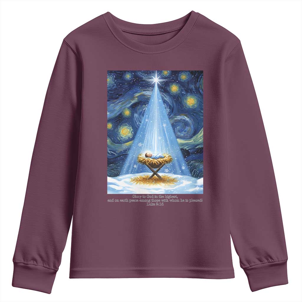 Christian Christmas Youth Sweatshirt Nativity Scene Jeus Baby Starry Night Xmas - Wonder Print Shop