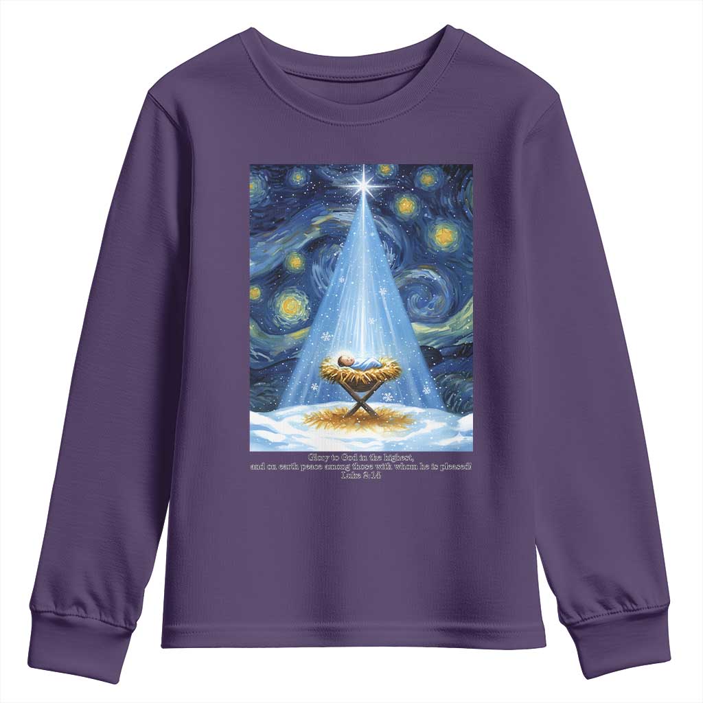 Christian Christmas Youth Sweatshirt Nativity Scene Jeus Baby Starry Night Xmas - Wonder Print Shop