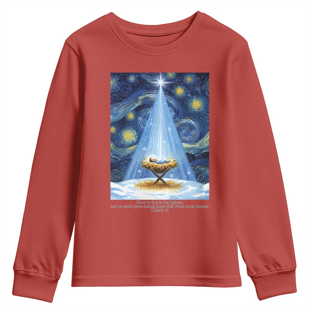 Christian Christmas Youth Sweatshirt Nativity Scene Jeus Baby Starry Night Xmas - Wonder Print Shop