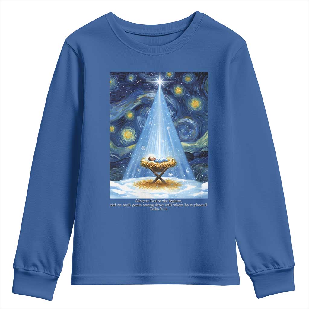 Christian Christmas Youth Sweatshirt Nativity Scene Jeus Baby Starry Night Xmas - Wonder Print Shop