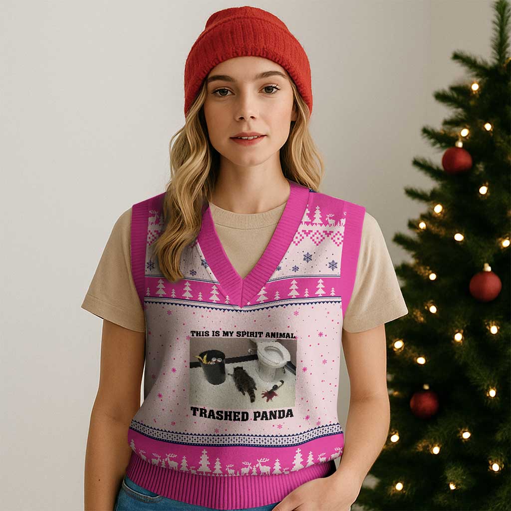 Trashed Panda V-Neck Knit Sweater Vest My Spirit Animal Funny Drunk Raccoon Meme - Wonder Print Shop