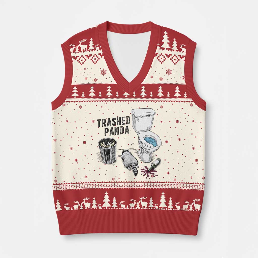 Trashed Panda V-Neck Knit Sweater Vest Funny Drunk Racoon Meme - undefined