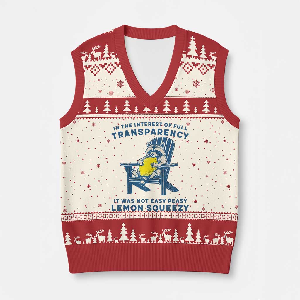 Funny Raccoon V-Neck Knit Sweater Vest In The Interest Of Full Transparency It Was Not Easy Peasy Lemon Squeezy - Wonder Print Shop