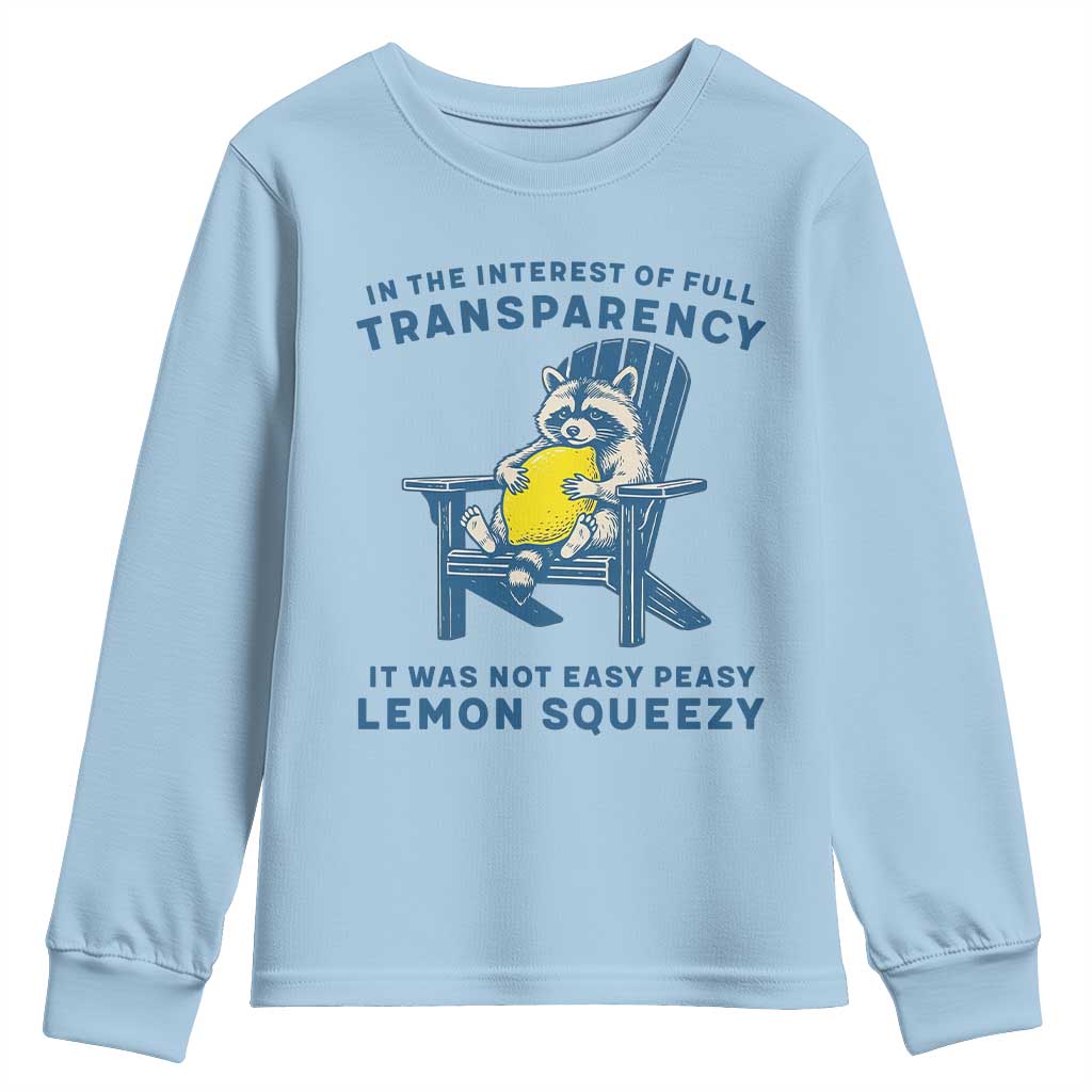 Funny Raccoon Youth Sweatshirt In The Interest Of Full Transparency It Was Not Easy Peasy Lemon Squeezy - Wonder Print Shop